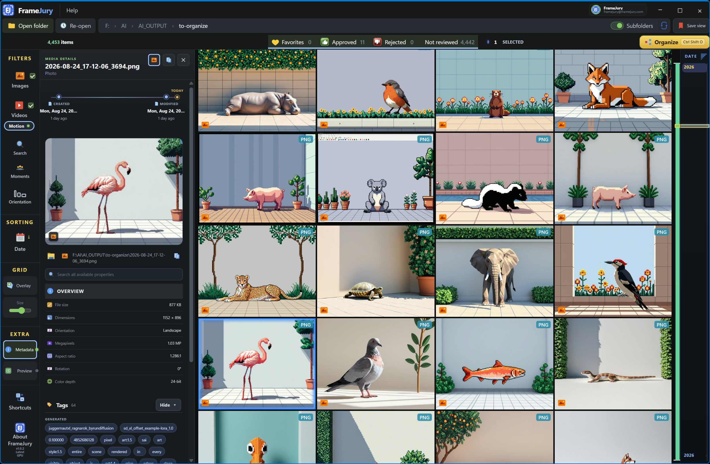 How can I see tags and metadata without losing my place? FrameJury keeps file details beside the visual grid.