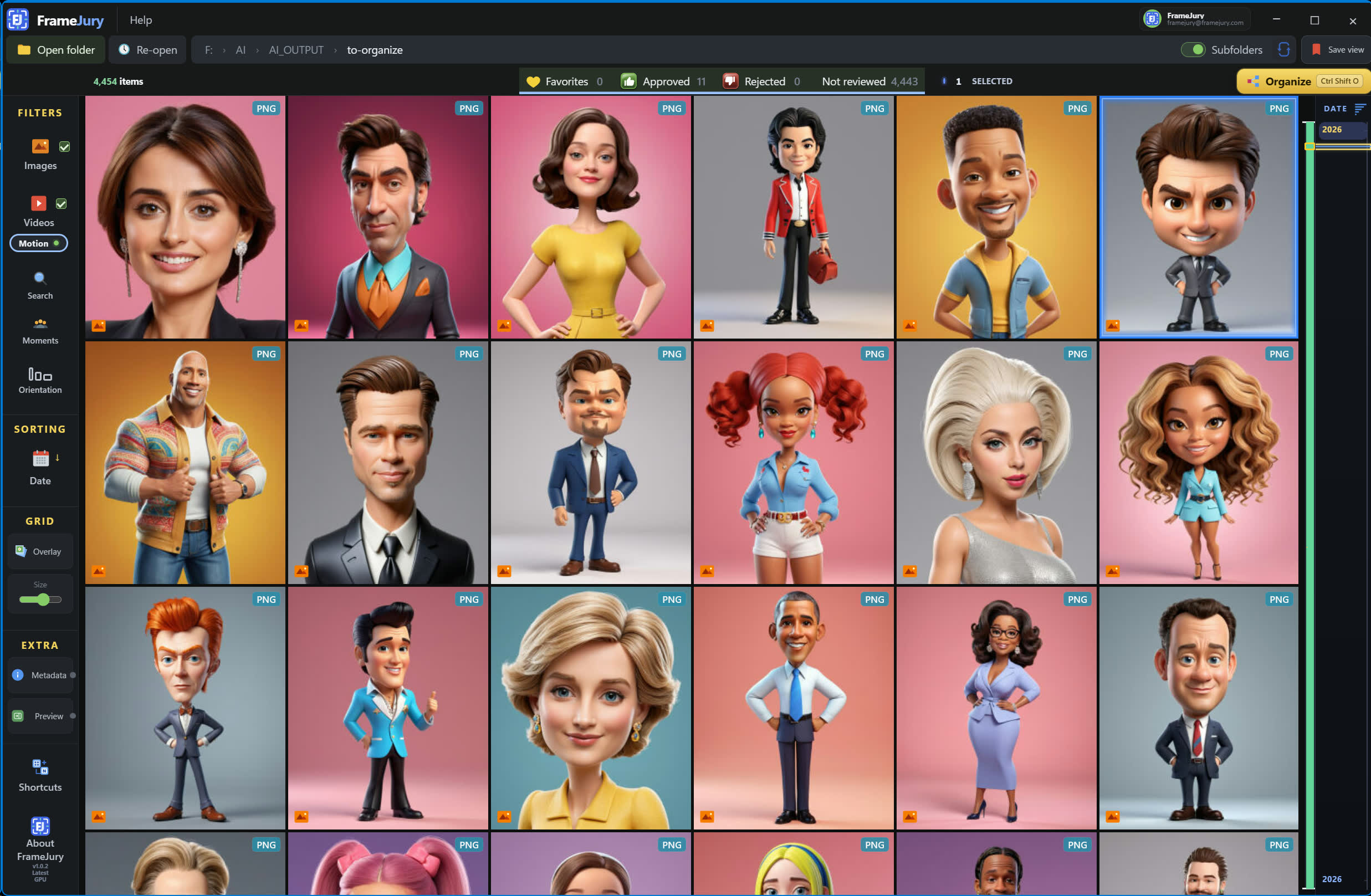 How can I browse a large photo and video folder quickly? FrameJury displays the folder as a visual media grid.